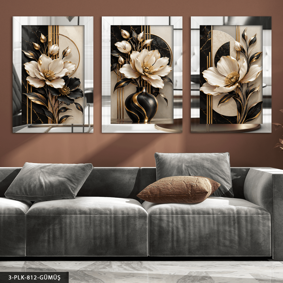 Gold Işıltılıs Siyah Beyaz Çiçek 3 Parça Pleksi Aynalı Tablo Gümüş - 40 x 60 CM