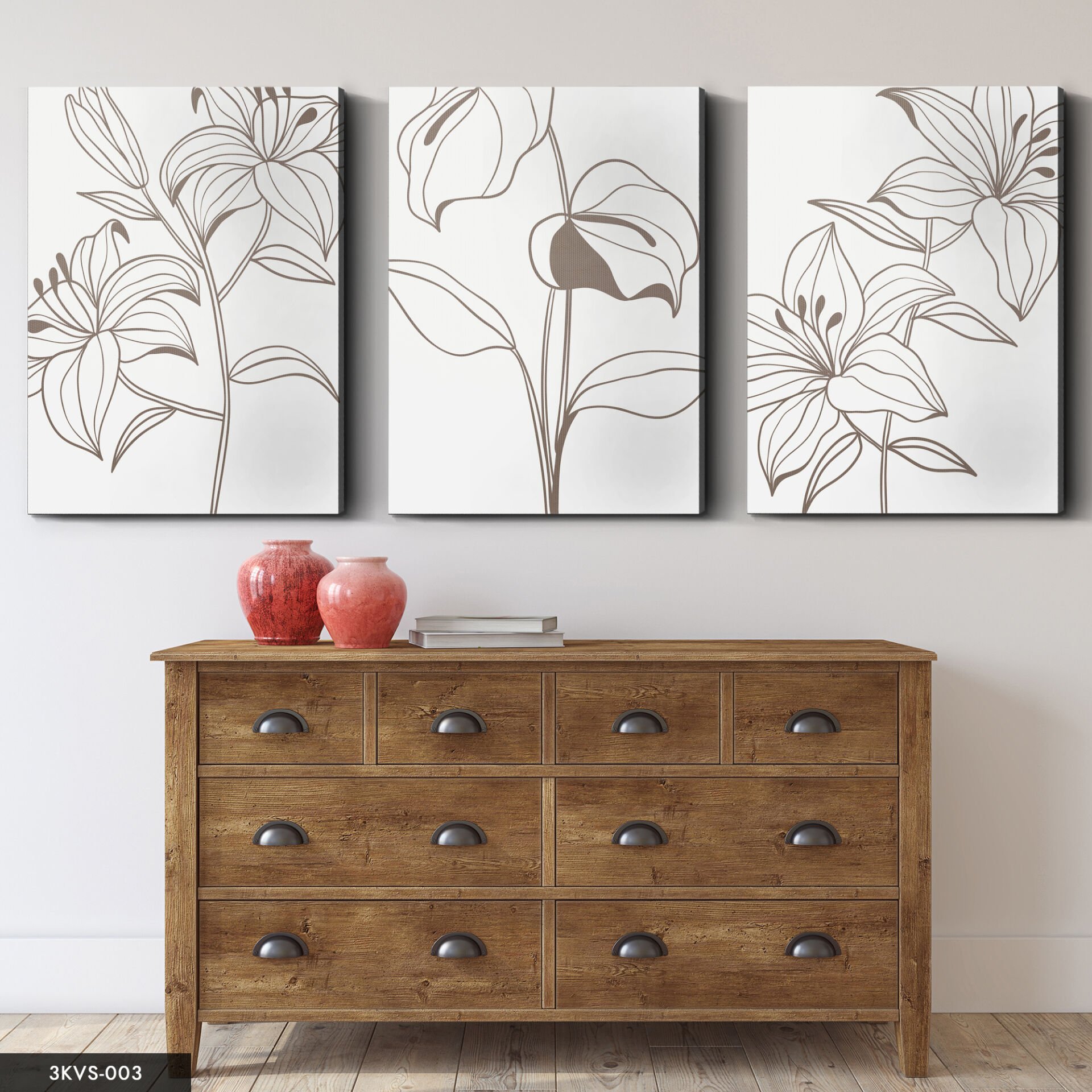 Çizim Çiçek 3 Parça Kanvas - Canvas Tablo