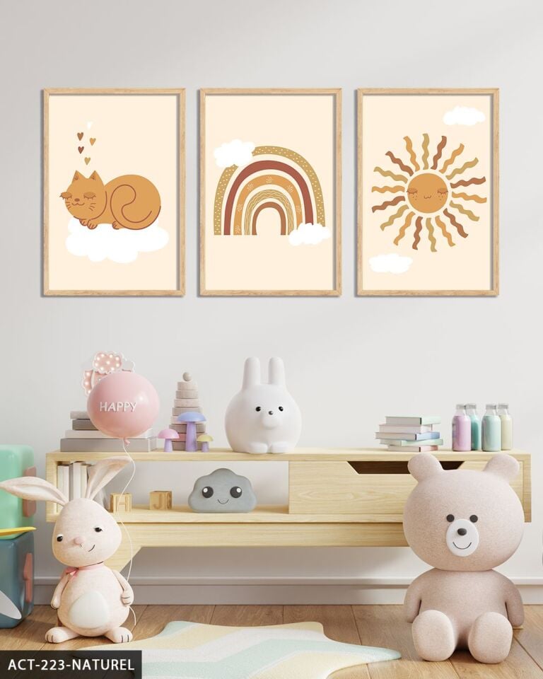 Sevimli Kedi ve Gökkuşağı 3 Parça Ahşap Çerçeveli Tablo ACT Naturel - 20 x 30 CM