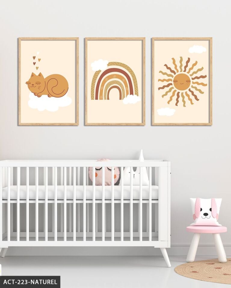 Sevimli Kedi ve Gökkuşağı 3 Parça Ahşap Çerçeveli Tablo ACT Naturel - 20 x 30 CM