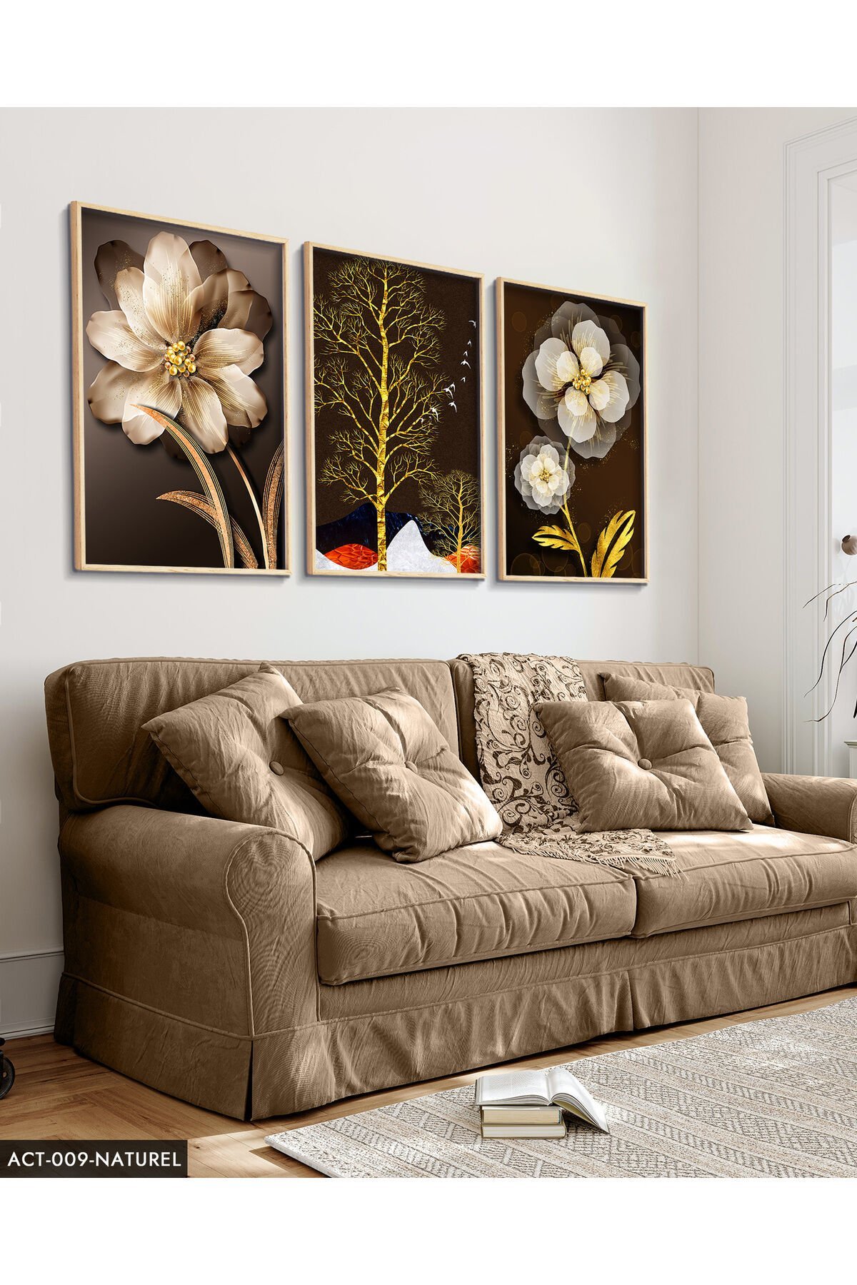 Çiçek Ağaç 3 Parça Ahşap Çerçeveli Tablo ACT Naturel - 50 x 70 CM