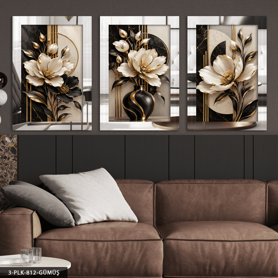 Gold Işıltılıs Siyah Beyaz Çiçek 3 Parça Pleksi Aynalı Tablo Gümüş - 50 x 70 CM
