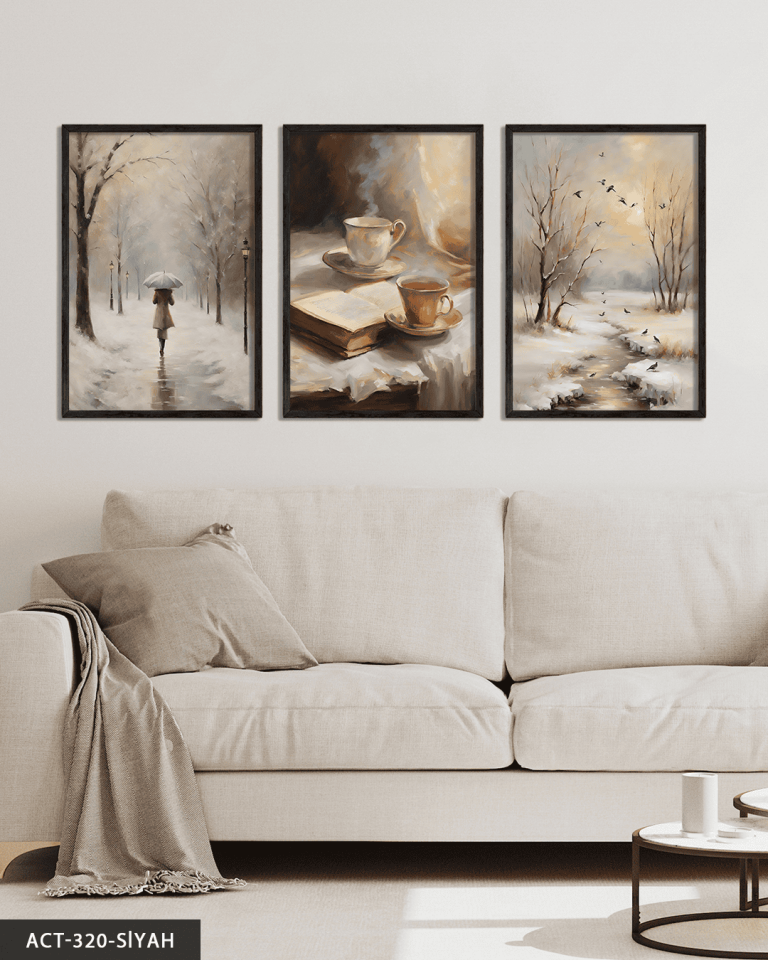 Karlı Orman ve Sıcak Çay 3 Parça Ahşap Çerçeveli Tablo ACT Siyah - 40 x 60 CM