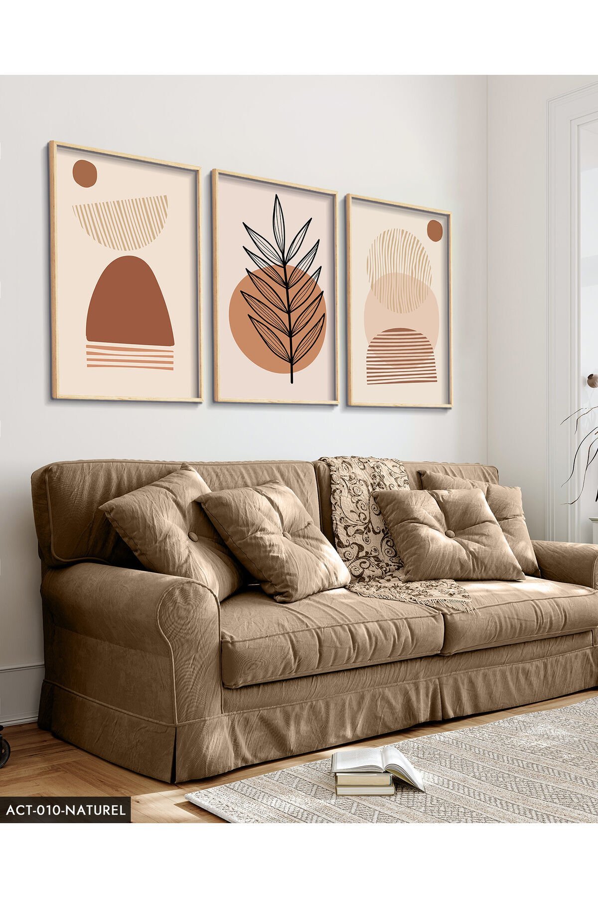 Soyut Tasarım Bohem Tarzı 3 Parça Ahşap Çerçeveli Tablo ACT Naturel - 50 x 70 CM