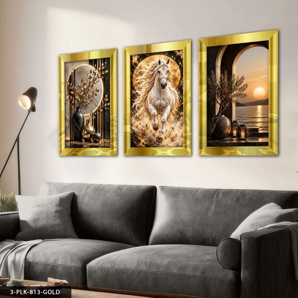 Gold Bitki At ve Deniz Manzarası 3 Parça Pleksi Aynalı Tablo 30 x 40 CM - Gold