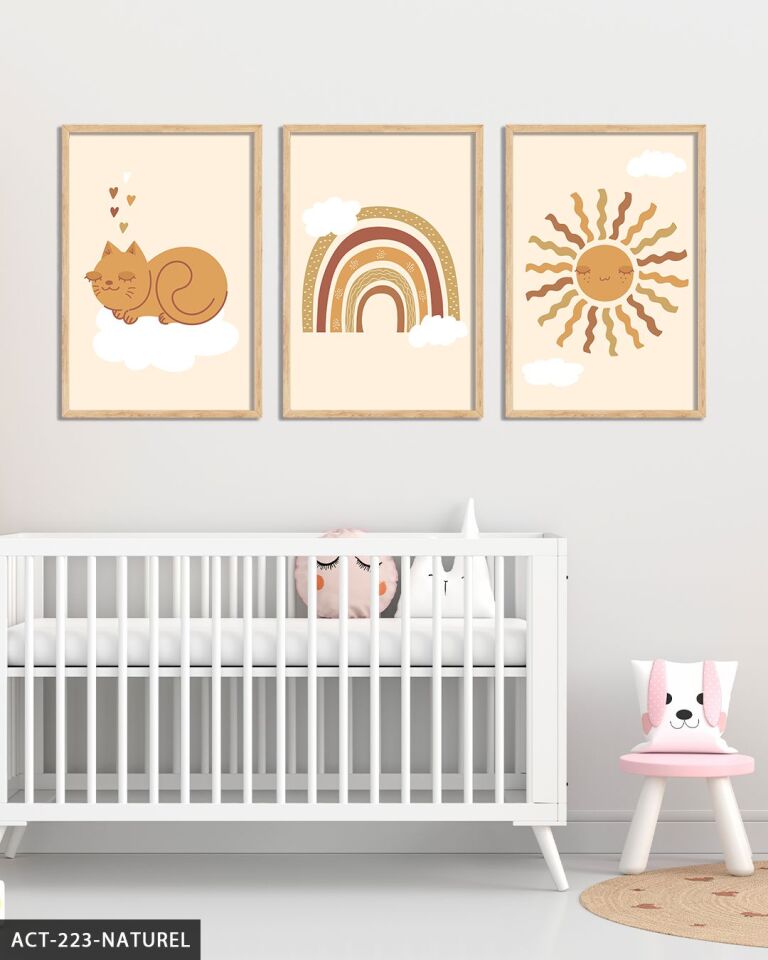 Sevimli Kedi ve Gökkuşağı 3 Parça Ahşap Çerçeveli Tablo ACT Naturel - 50 x 70 CM