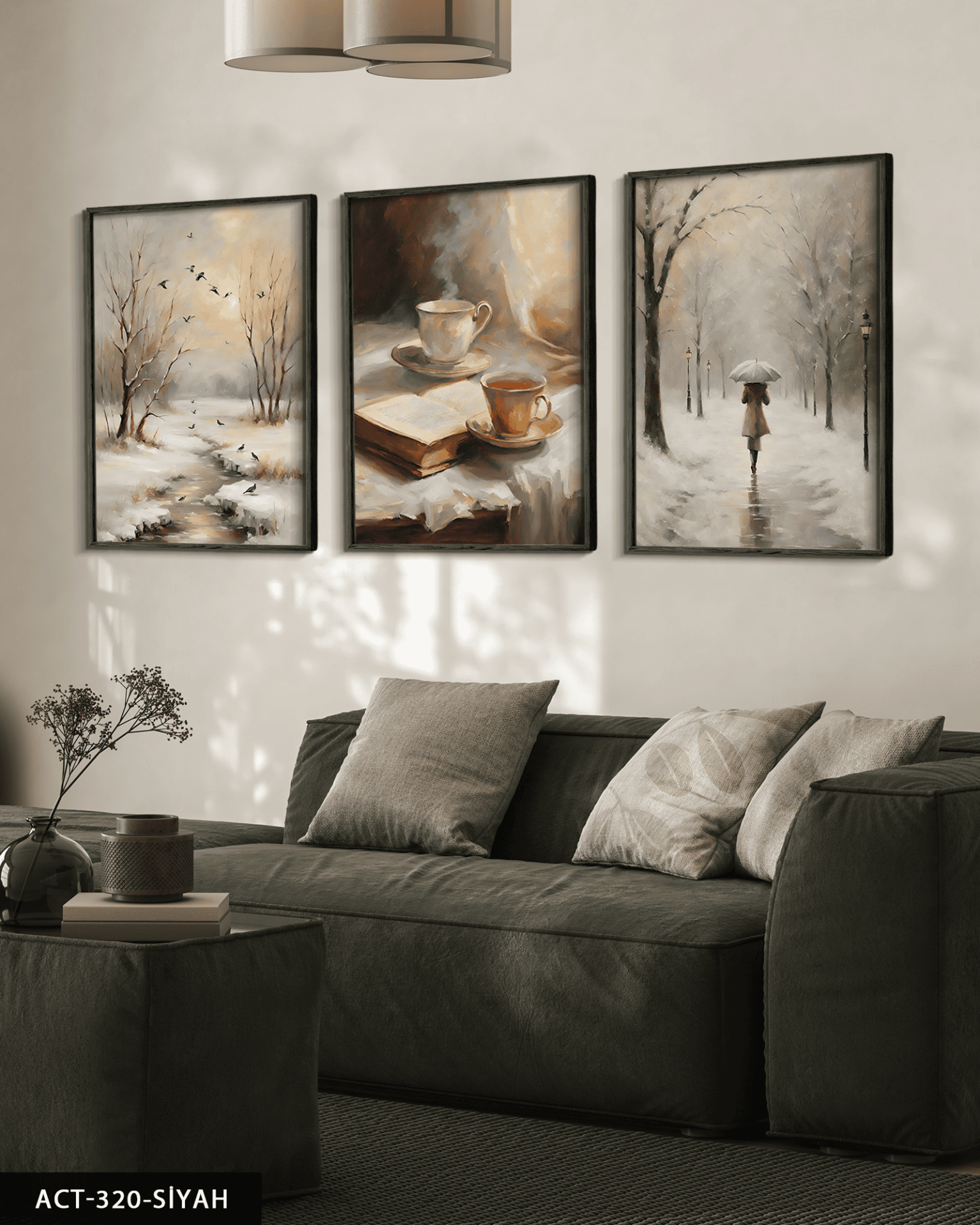 Karlı Orman ve Sıcak Çay 3 Parça Ahşap Çerçeveli Tablo ACT Siyah - 50 x 70 CM
