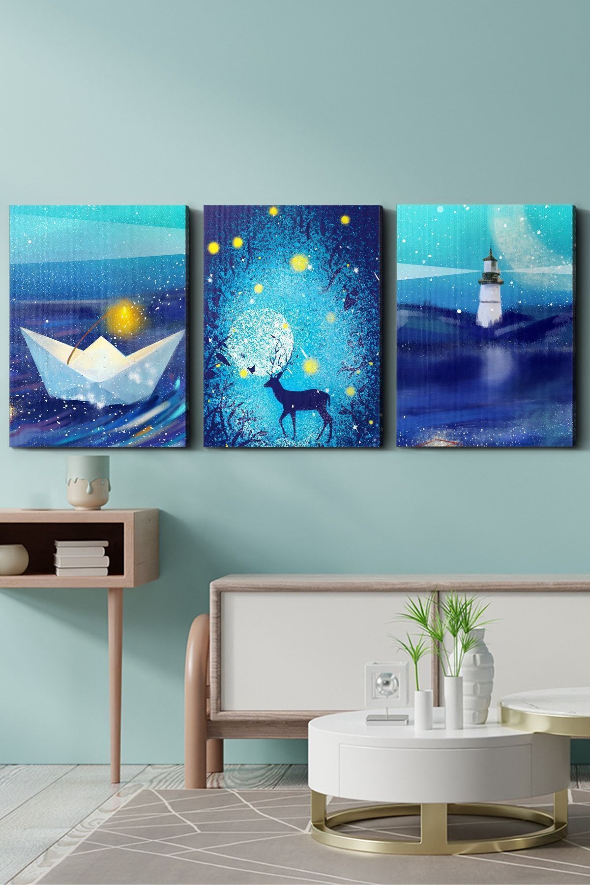 Geyik Deniz Gemi 3 Parça Kanvas - Canvas Tablo