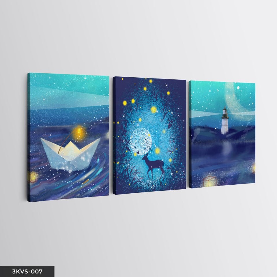 Geyik Deniz Gemi 3 Parça Kanvas - Canvas Tablo 45 x 65 CM