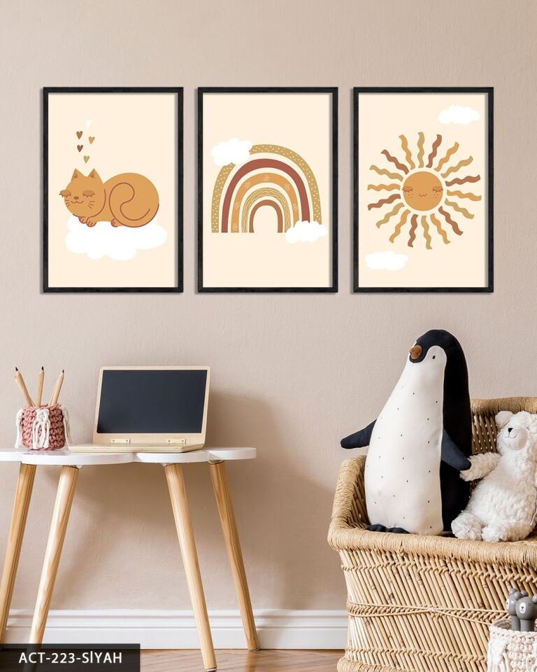 Sevimli Kedi ve Gökkuşağı 3 Parça Ahşap Çerçeveli Tablo ACT Siyah - 20 x 30 CM