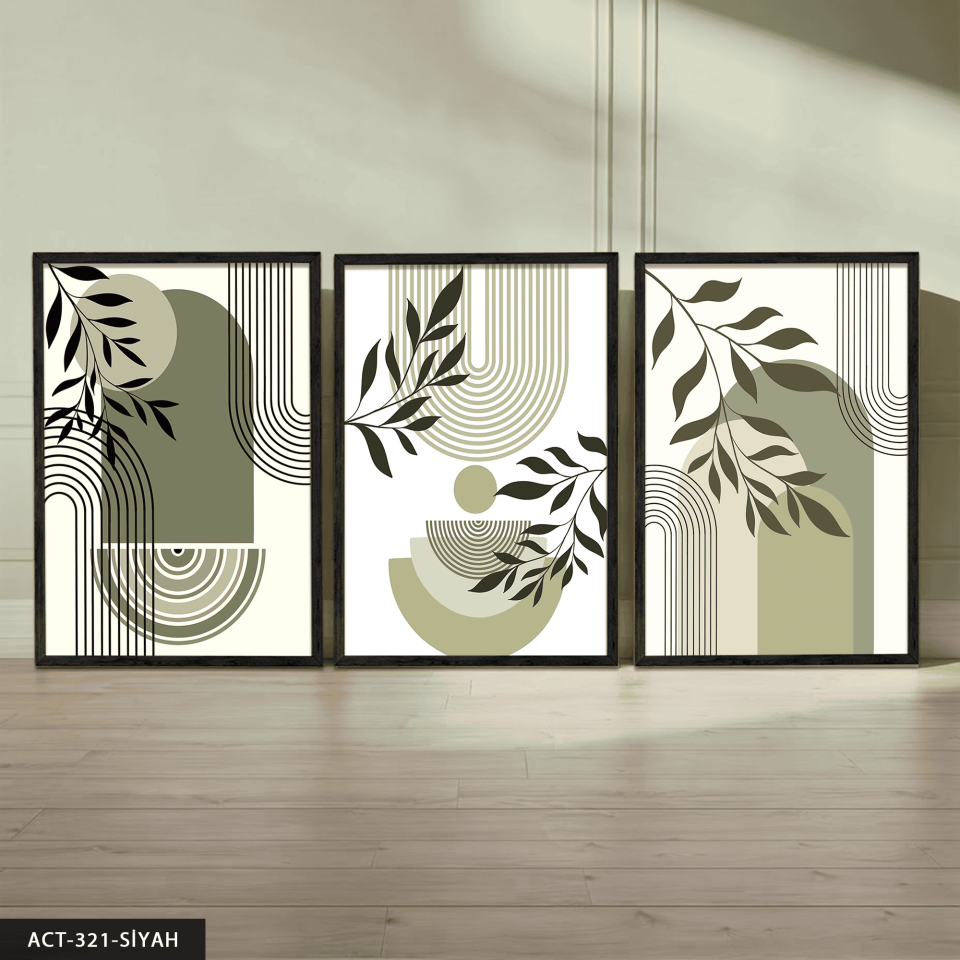 Minimalist Boho Tarzı Bitkiler 3 Parça Ahşap Çerçeveli Tablo ACT