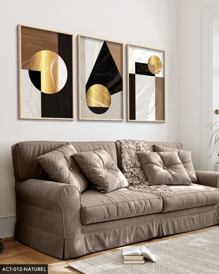 Gold Soyut Desenlerin 3 Parça Ahşap Çerçeveli Tablo ACT Naturel - 50 x 70 CM