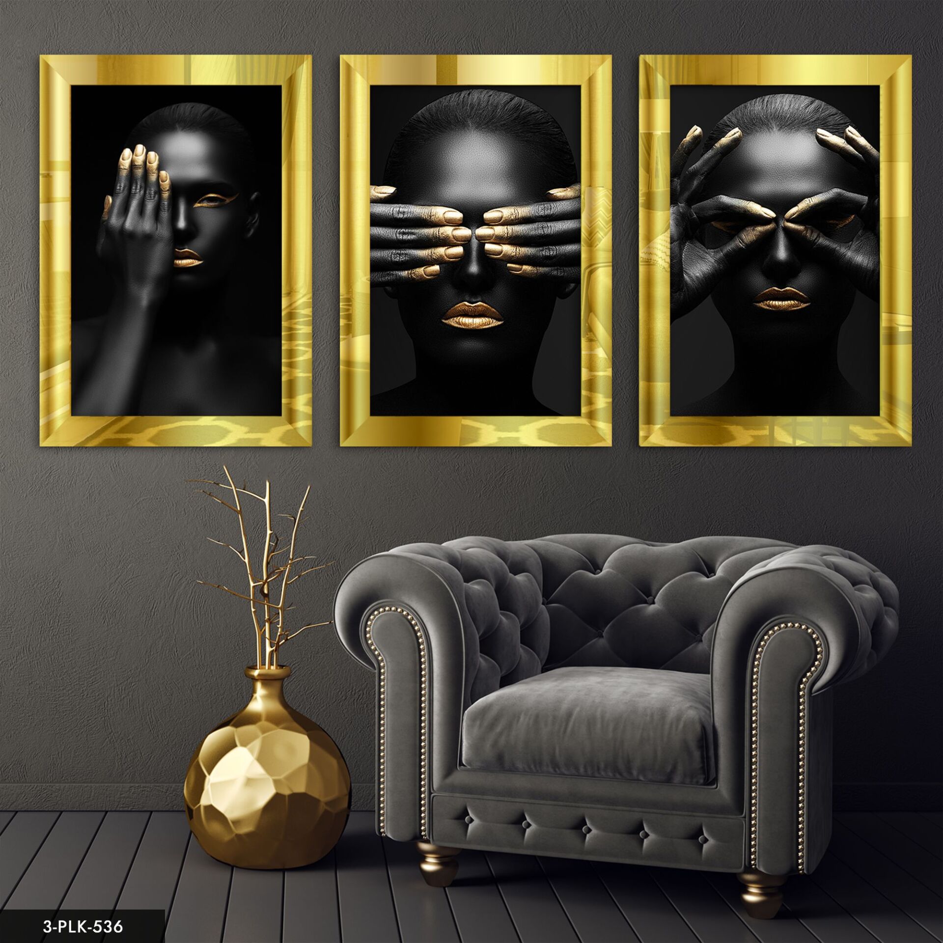 Afrikalı Kadınlar 3 Parça Pleksi Aynalı Tablo 30 x 40 CM - Gold