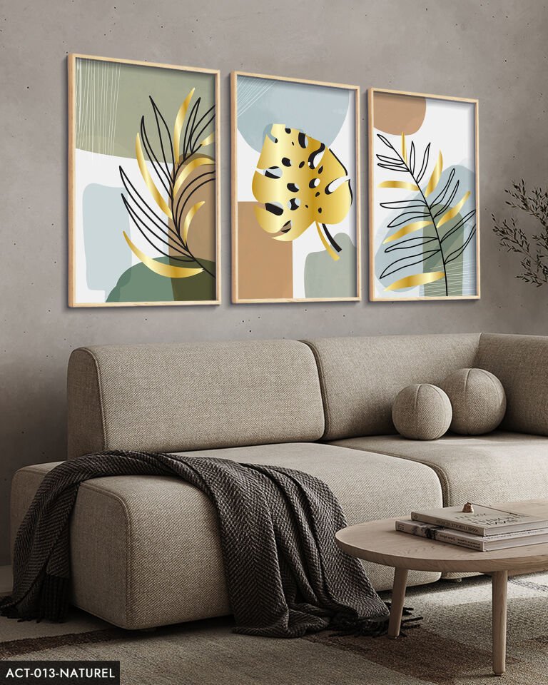 Gold, Beyaz, Tüy, Yaprak, 3 Parça Ahşap Çerçeveli Tablo ACT Naturel - 50 x 70 CM