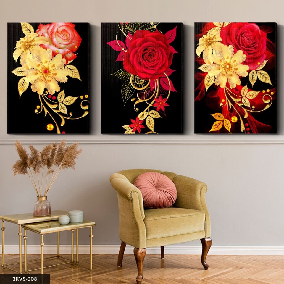 Çiçekler 3 Parça Kanvas - Canvas Tablo 40 x 30 CM