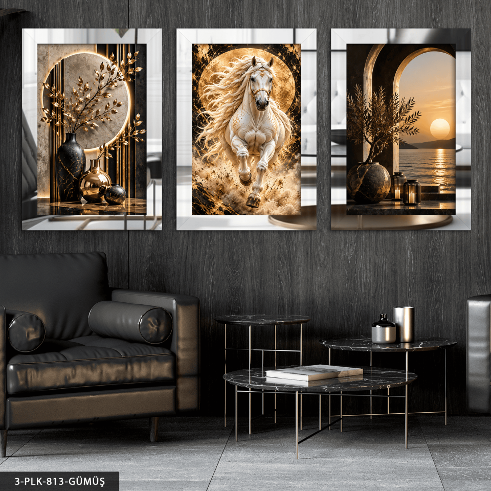 Gold Bitki At ve Deniz Manzarası 3 Parça Pleksi Aynalı Tablo Gümüş - 30 x 40 CM