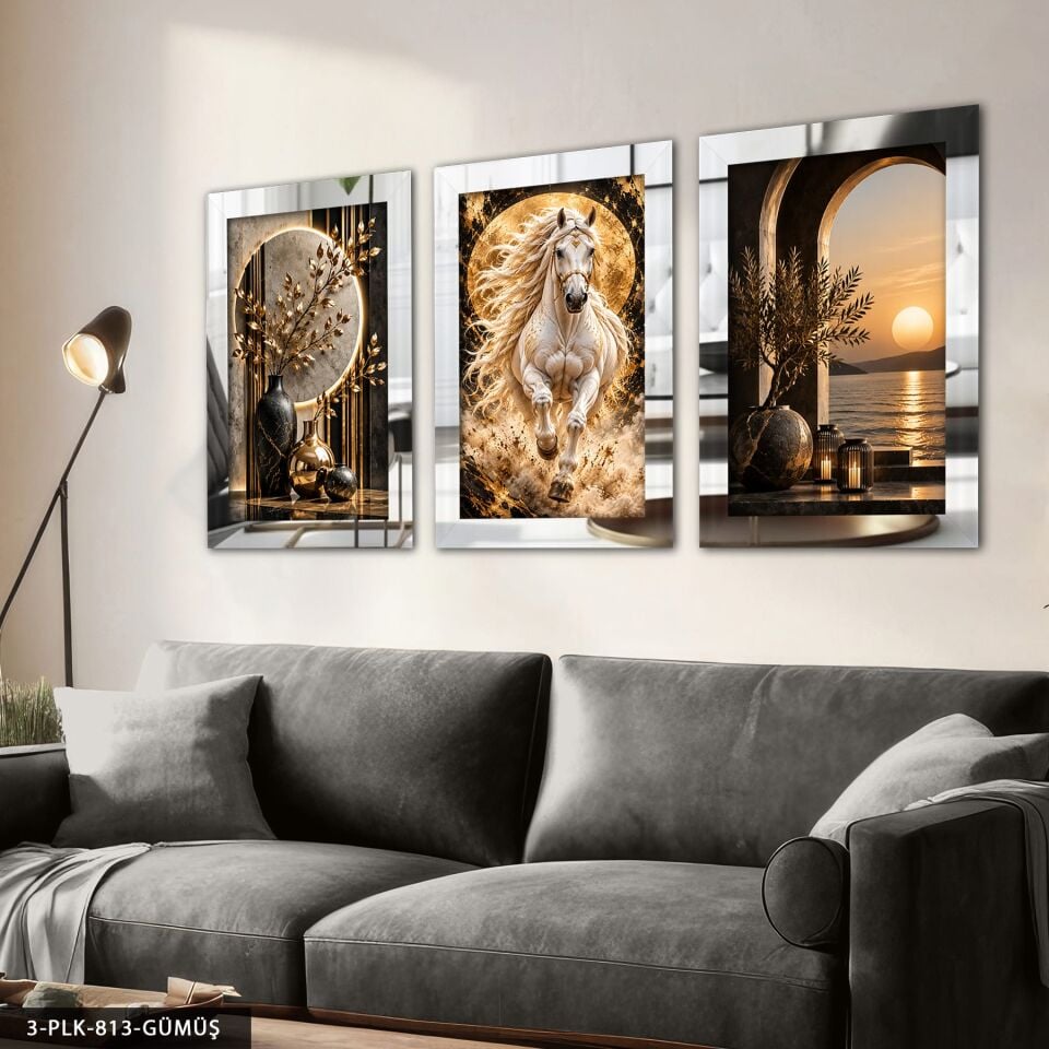 Gold Bitki At ve Deniz Manzarası 3 Parça Pleksi Aynalı Tablo Gümüş - 30 x 40 CM