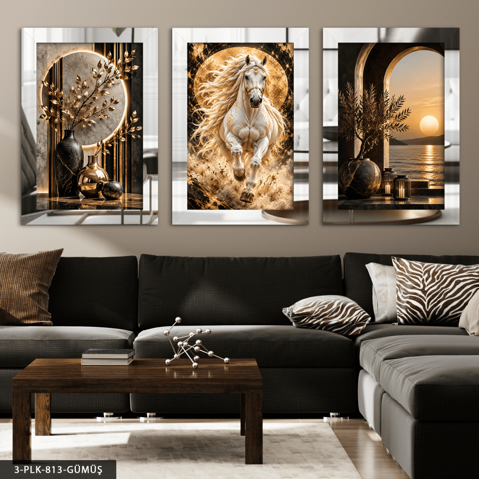 Gold Bitki At ve Deniz Manzarası 3 Parça Pleksi Aynalı Tablo Gümüş - 30 x 40 CM