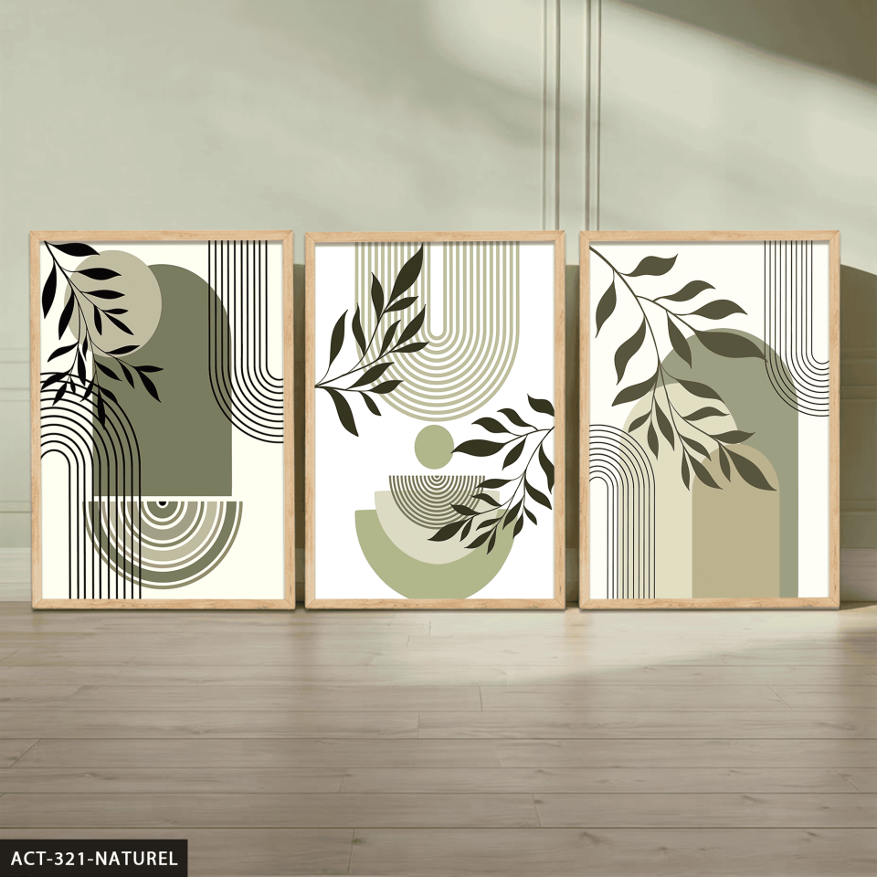 Minimalist Boho Tarzı Bitkiler 3 Parça Ahşap Çerçeveli Tablo ACT Naturel - 40 x 60 CM