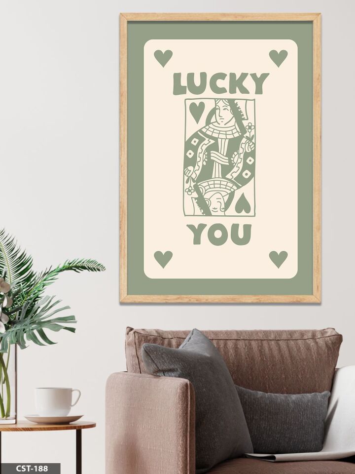 Yeşil ''LUCKY YOU'' kartı, Tek Parça Ahşap Çerçeveli Tablo Naturel - 30 x 40 CM