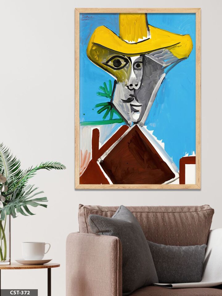 Pablo Picasso Sarı Şapkalı Portre Tek Parça Ahşap Çerçeveli Tablo