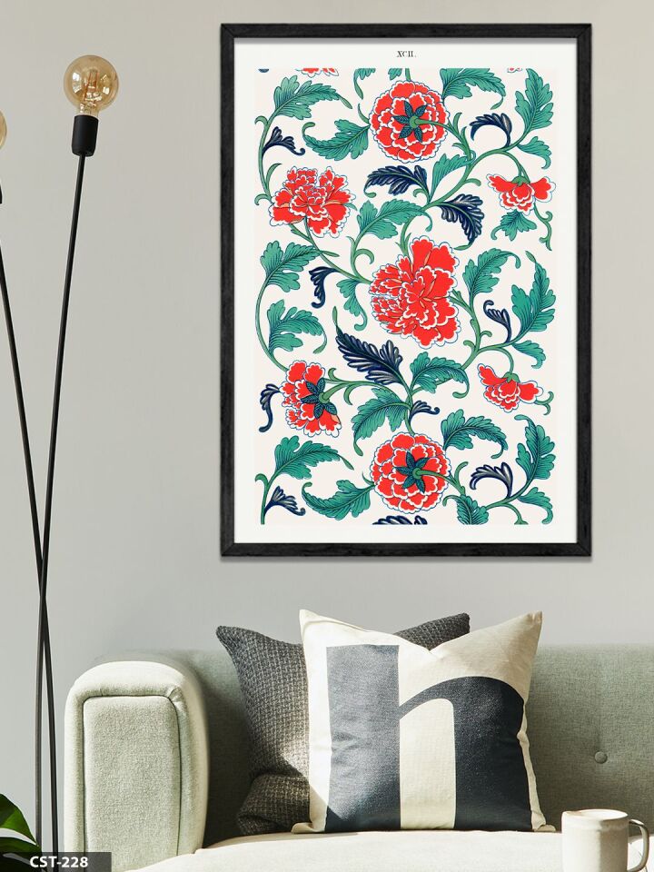 Kırmızı Çiçek Motifi Tek Parça Ahşap Çerçeveli Tablo Siyah - 40 x 60 CM