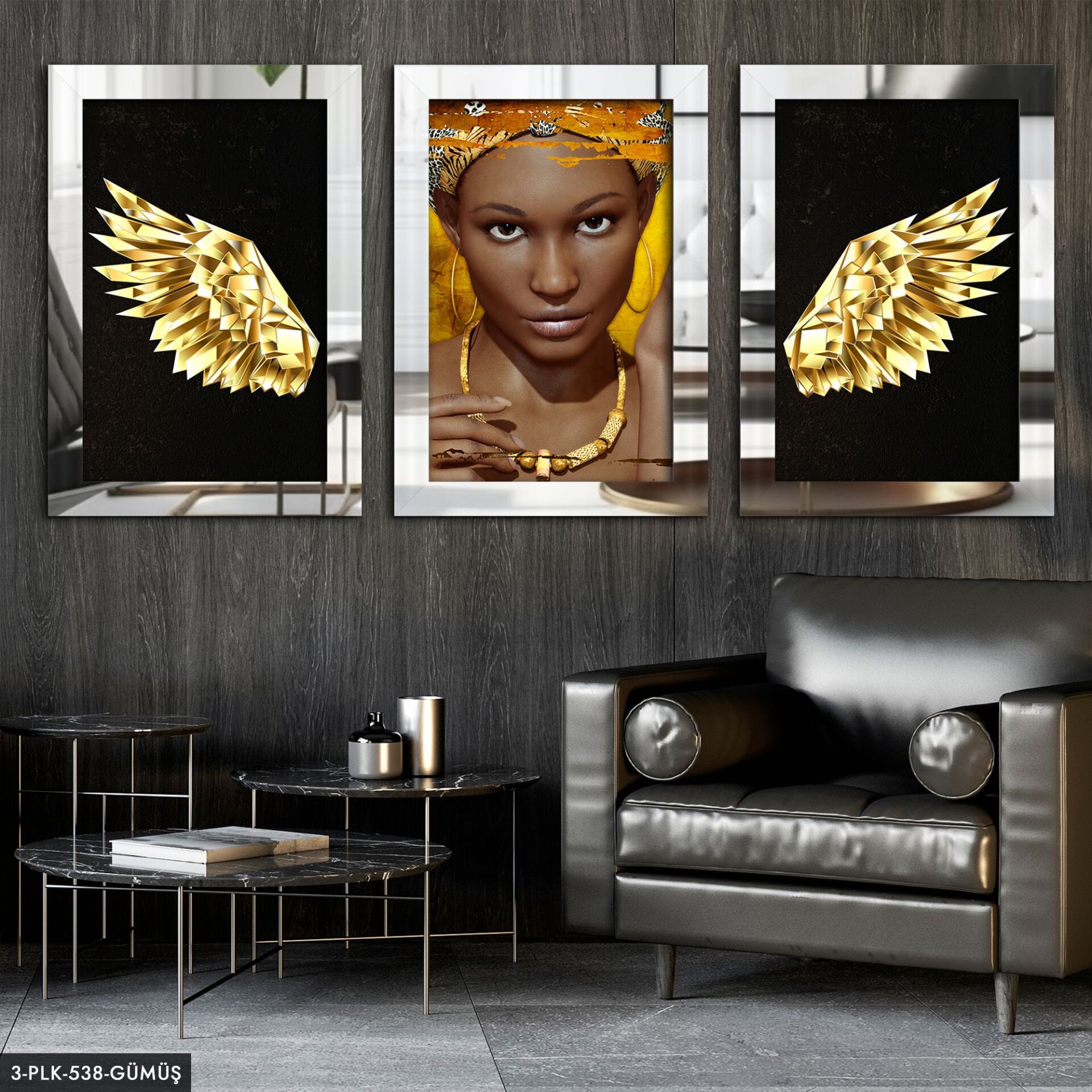 Melek Kanadı Afrikalı Kadın 3 Parça Pleksi Aynalı Tablo 30 x 40 CM - Gümüş
