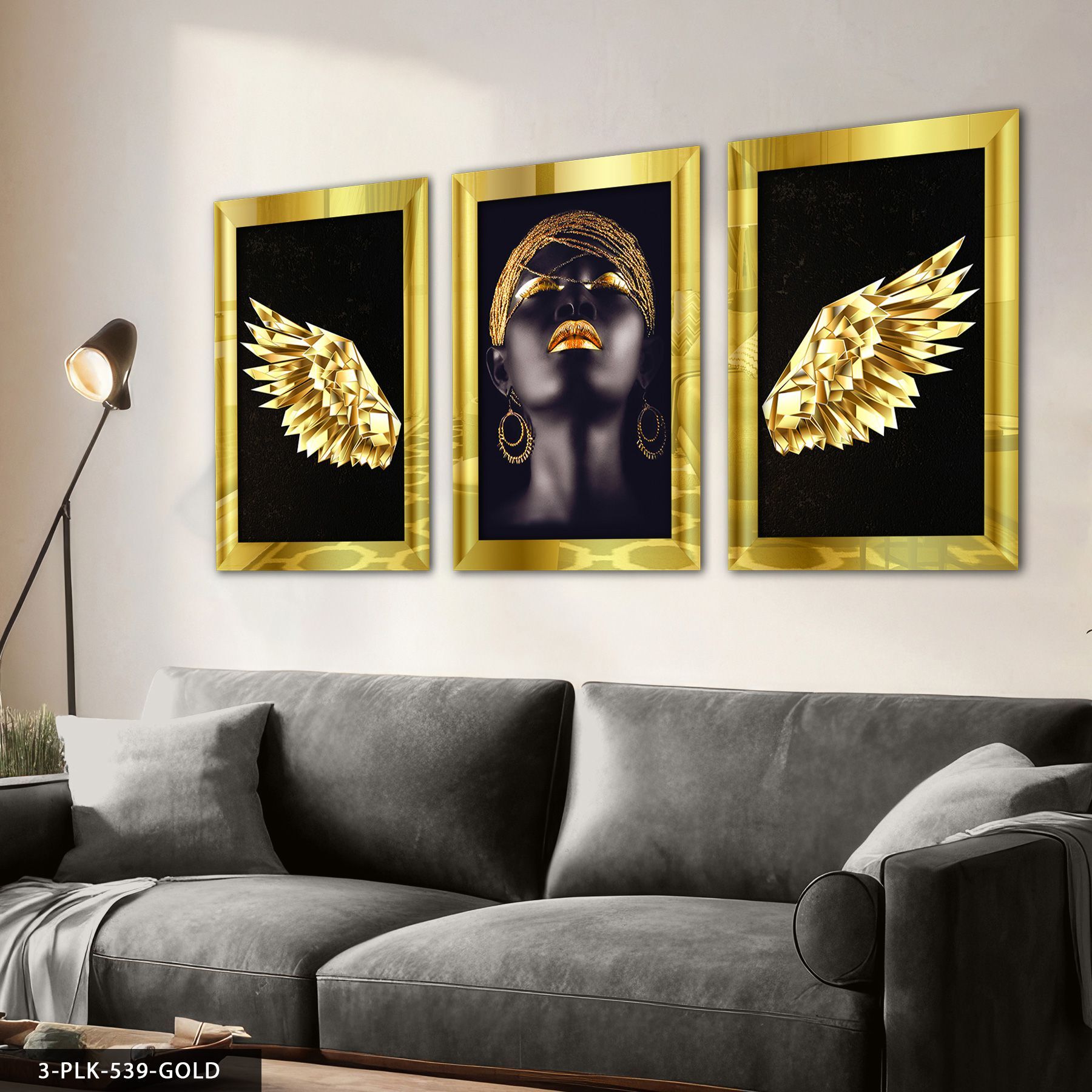 Melek Kanadı Afrikalı Kadın 3 Parça Pleksi Aynalı Tablo 30 x 40 CM - Gold