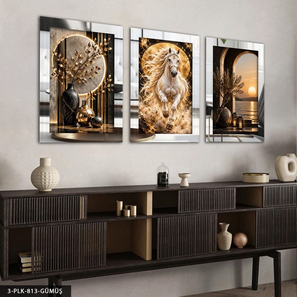 Gold Bitki At ve Deniz Manzarası 3 Parça Pleksi Aynalı Tablo Gümüş - 40 x 60 CM