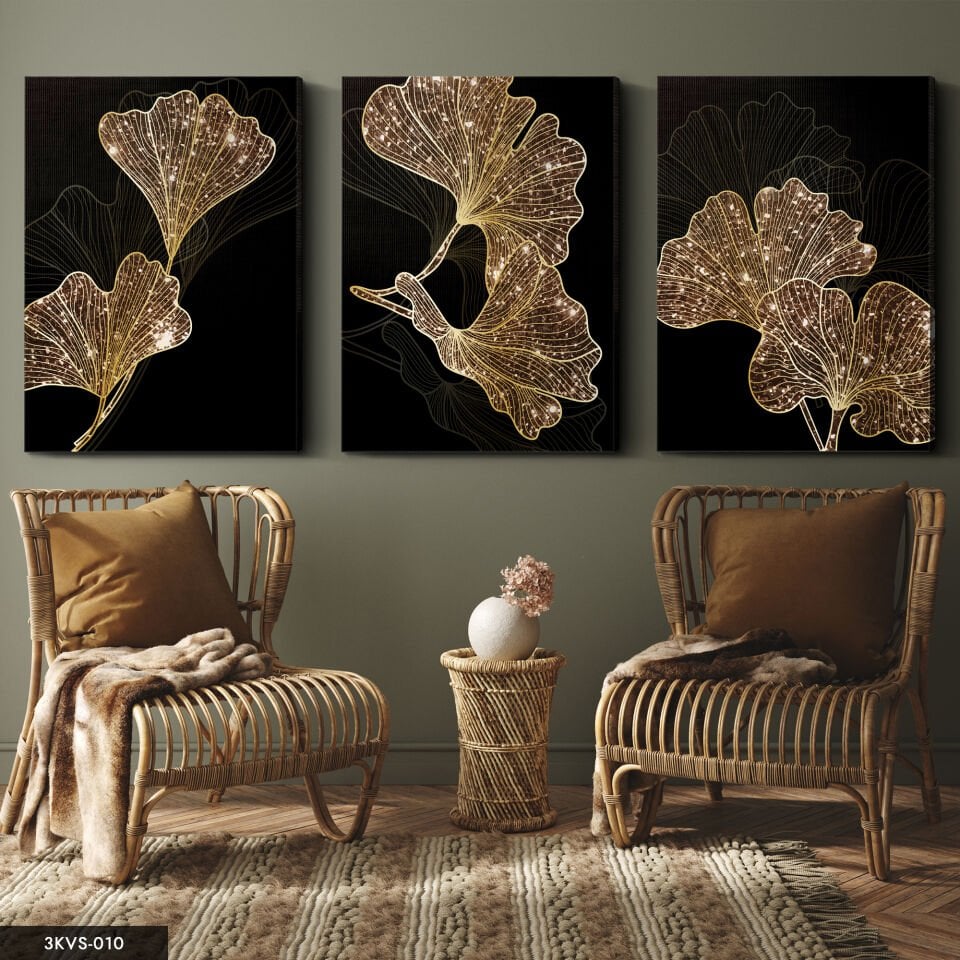 Gold Çiçekler 3 Parça Kanvas - Canvas Tablo 40 x 30 CM