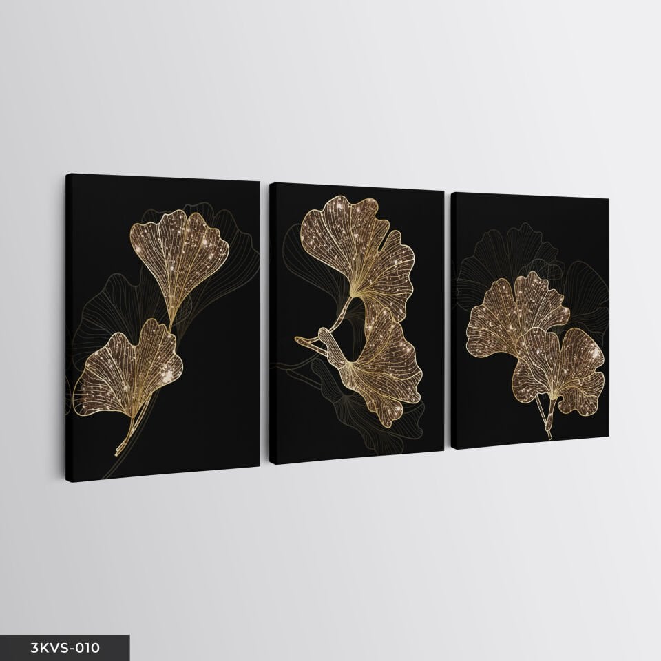 Gold Çiçekler 3 Parça Kanvas - Canvas Tablo 45 x 65 CM