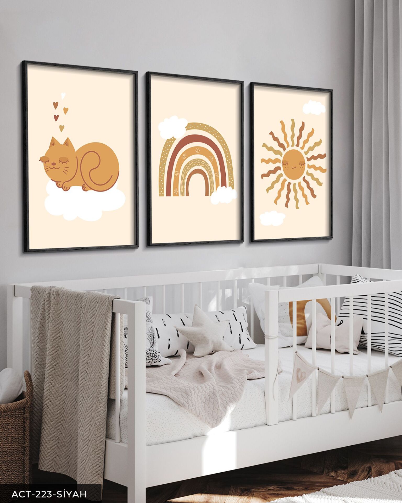 Sevimli Kedi ve Gökkuşağı 3 Parça Ahşap Çerçeveli Tablo ACT Siyah - 50 x 70 CM