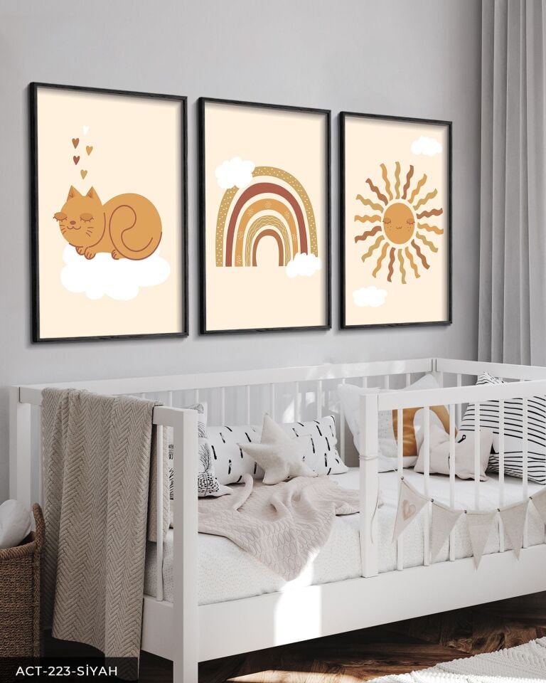 Sevimli Kedi ve Gökkuşağı 3 Parça Ahşap Çerçeveli Tablo ACT Siyah - 50 x 70 CM