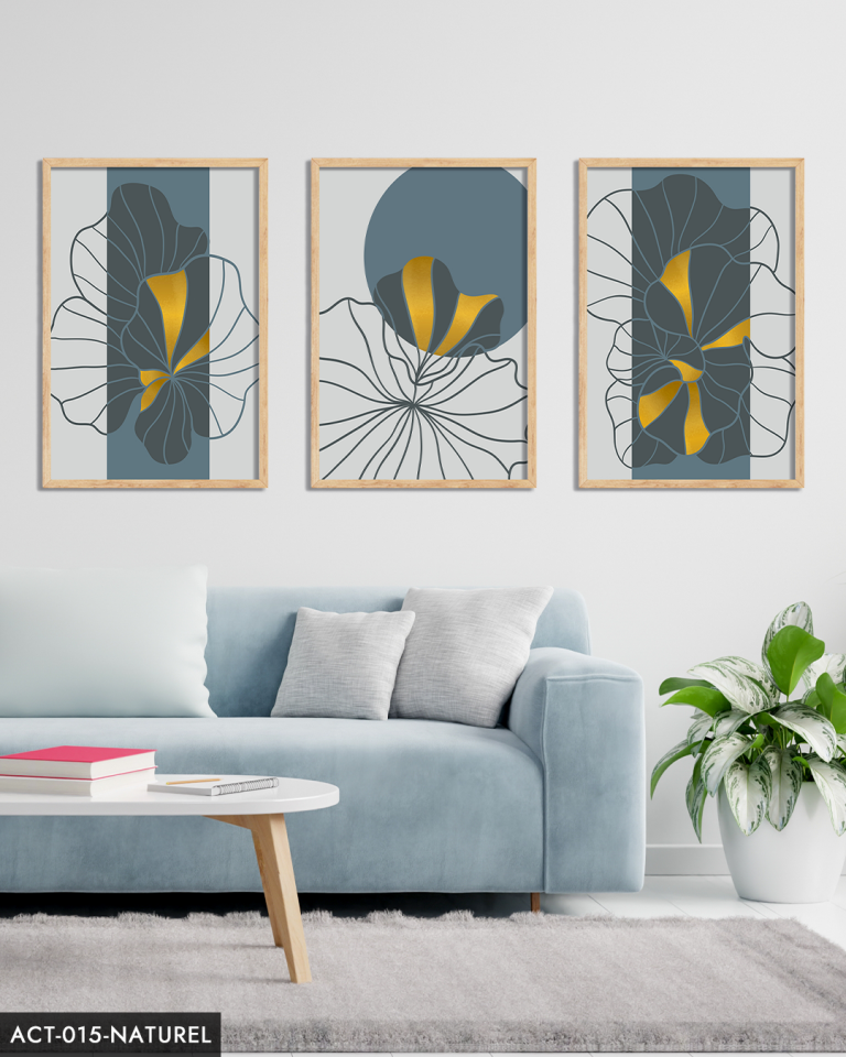 Çizim Çiçekler 3 Parça Ahşap Çerçeveli Tablo ACT Naturel - 50 x 70 CM