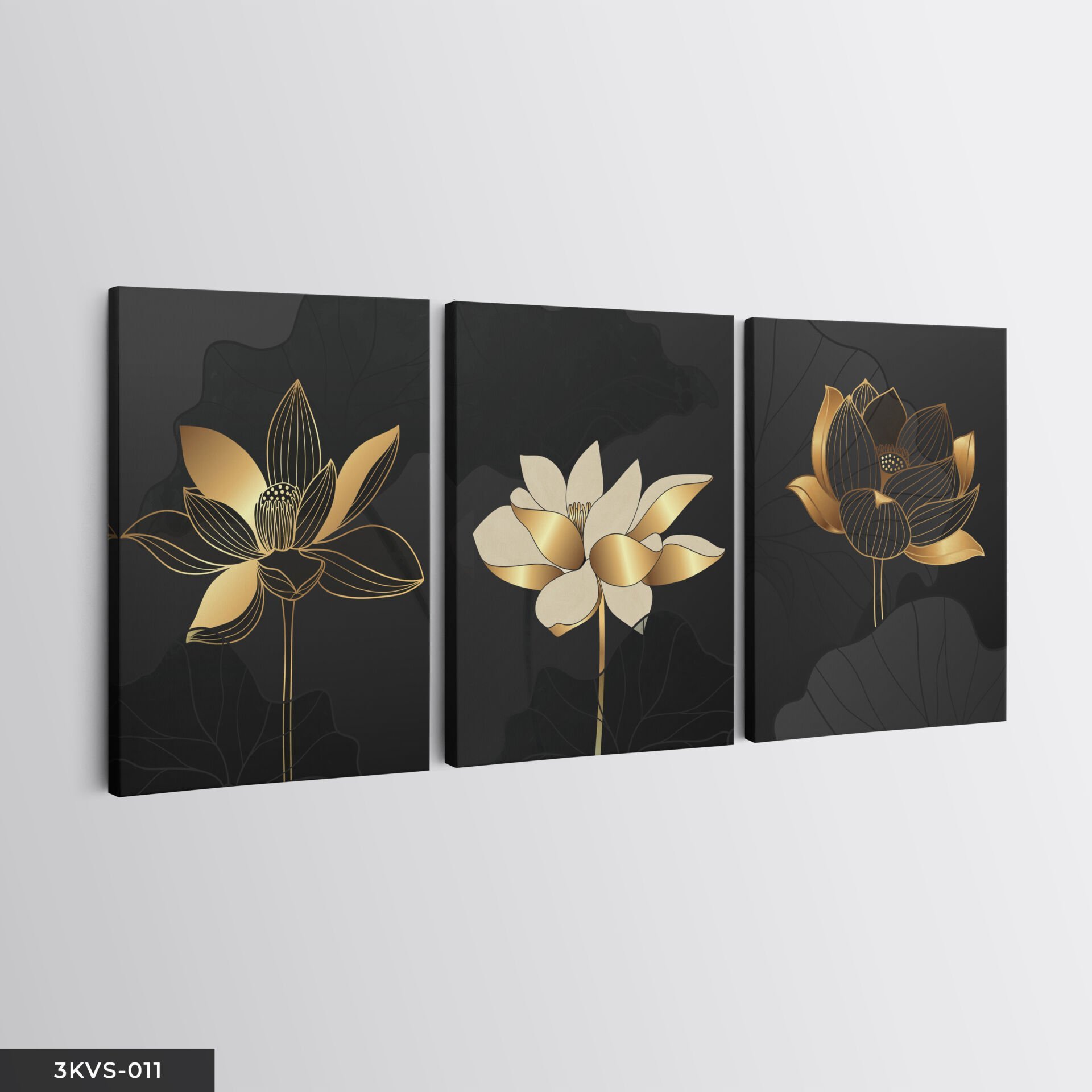 Gold Çiçekler 3 Parça Kanvas - Canvas Tablo 40 x 30 CM