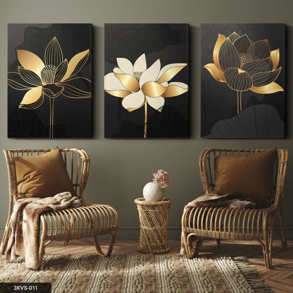 Gold Çiçekler 3 Parça Kanvas - Canvas Tablo 40 x 30 CM