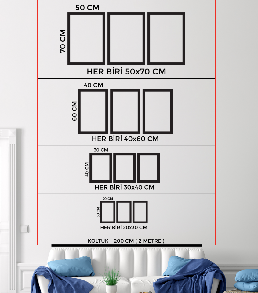 Minimalist Boho Tarzı Bitkiler 3 Parça Ahşap Çerçeveli Tablo ACT Siyah - 30 x 40 CM