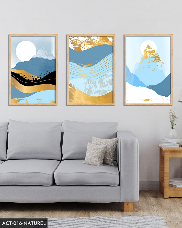 Soyut Dağ Görsel 3 Parça Ahşap Çerçeveli Tablo ACT Naturel - 50 x 70 CM