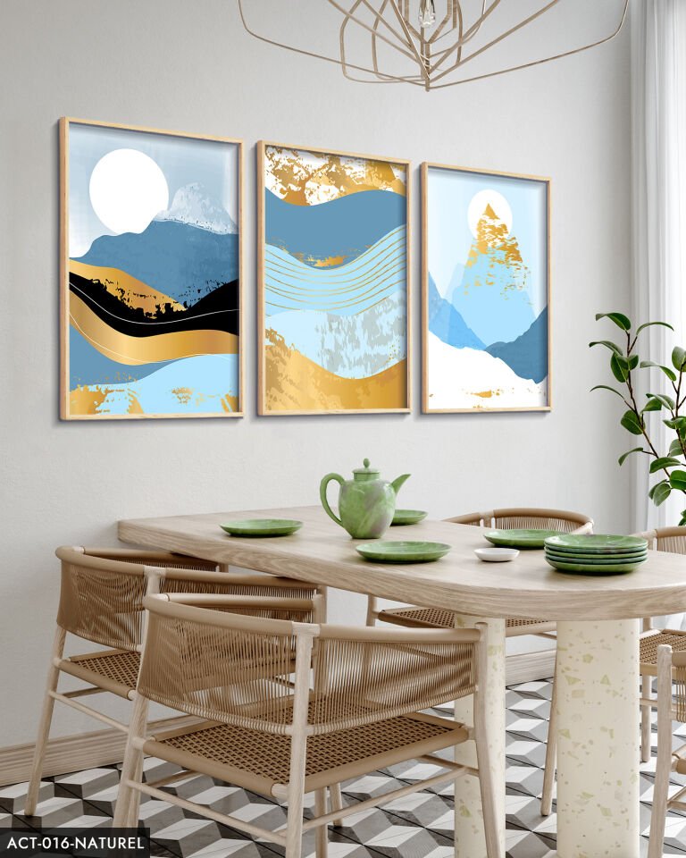 Soyut Dağ Görsel 3 Parça Ahşap Çerçeveli Tablo ACT Naturel - 50 x 70 CM