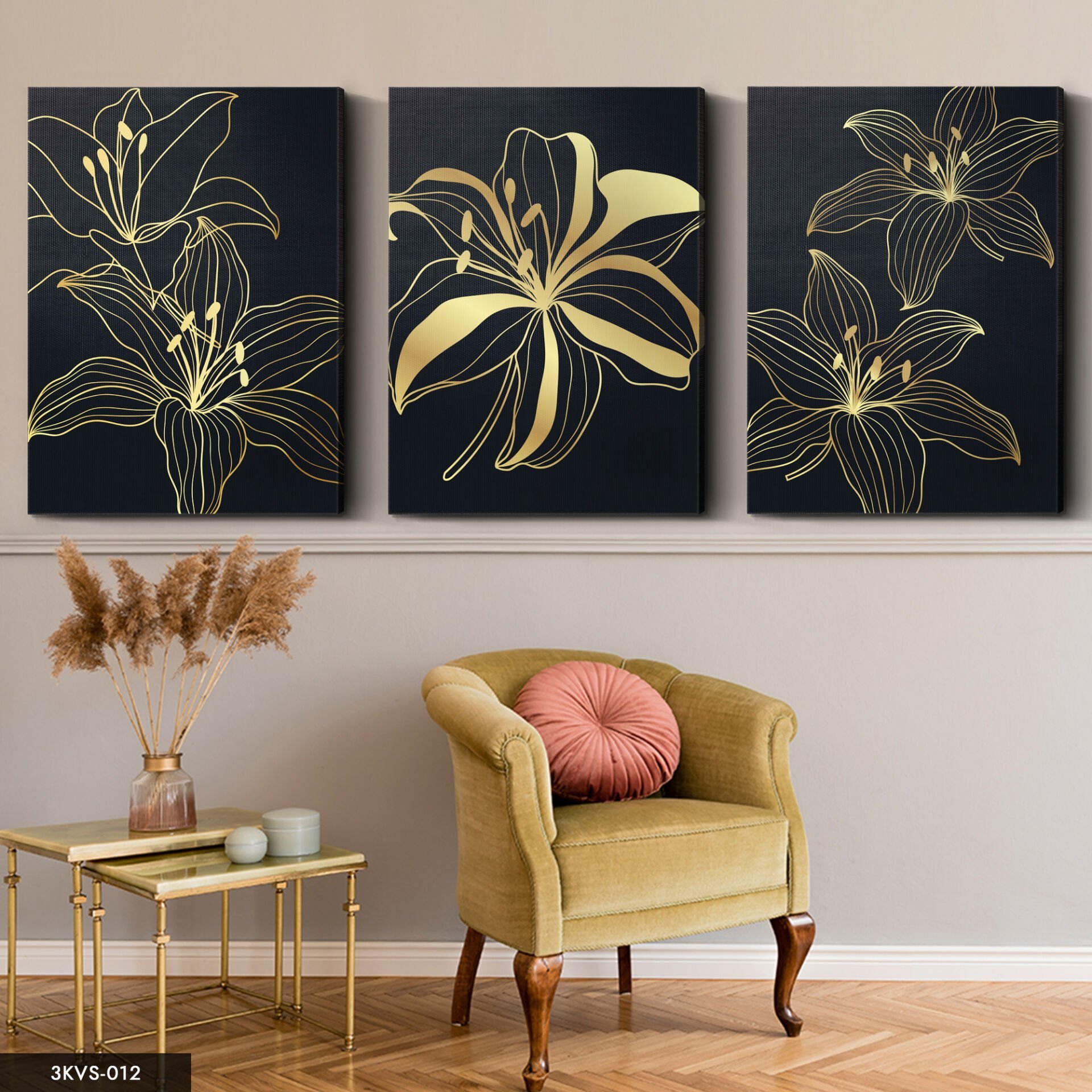 Gold Çiçekler 3 Parça Kanvas - Canvas Tablo