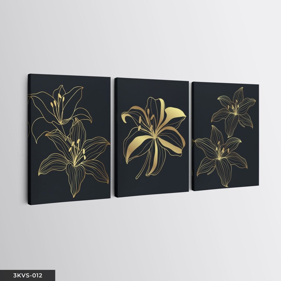 Gold Çiçekler 3 Parça Kanvas - Canvas Tablo 45 x 65 CM
