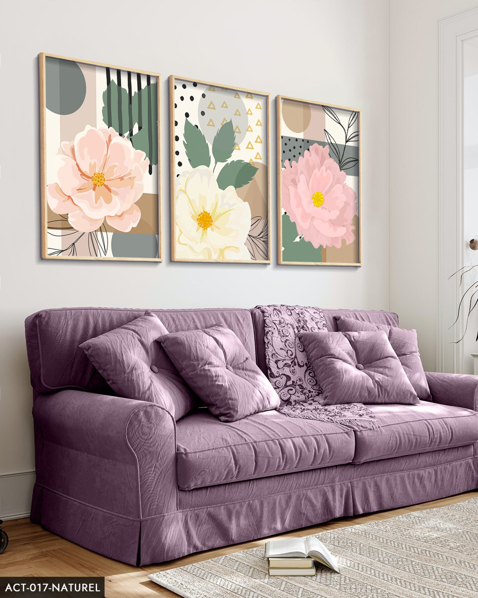 Pembe Çiçek 3 Parça Ahşap Çerçeveli Tablo ACT Naturel - 50 x 70 CM