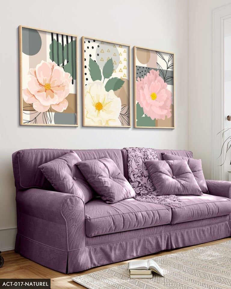 Pembe Çiçek 3 Parça Ahşap Çerçeveli Tablo ACT Naturel - 50 x 70 CM