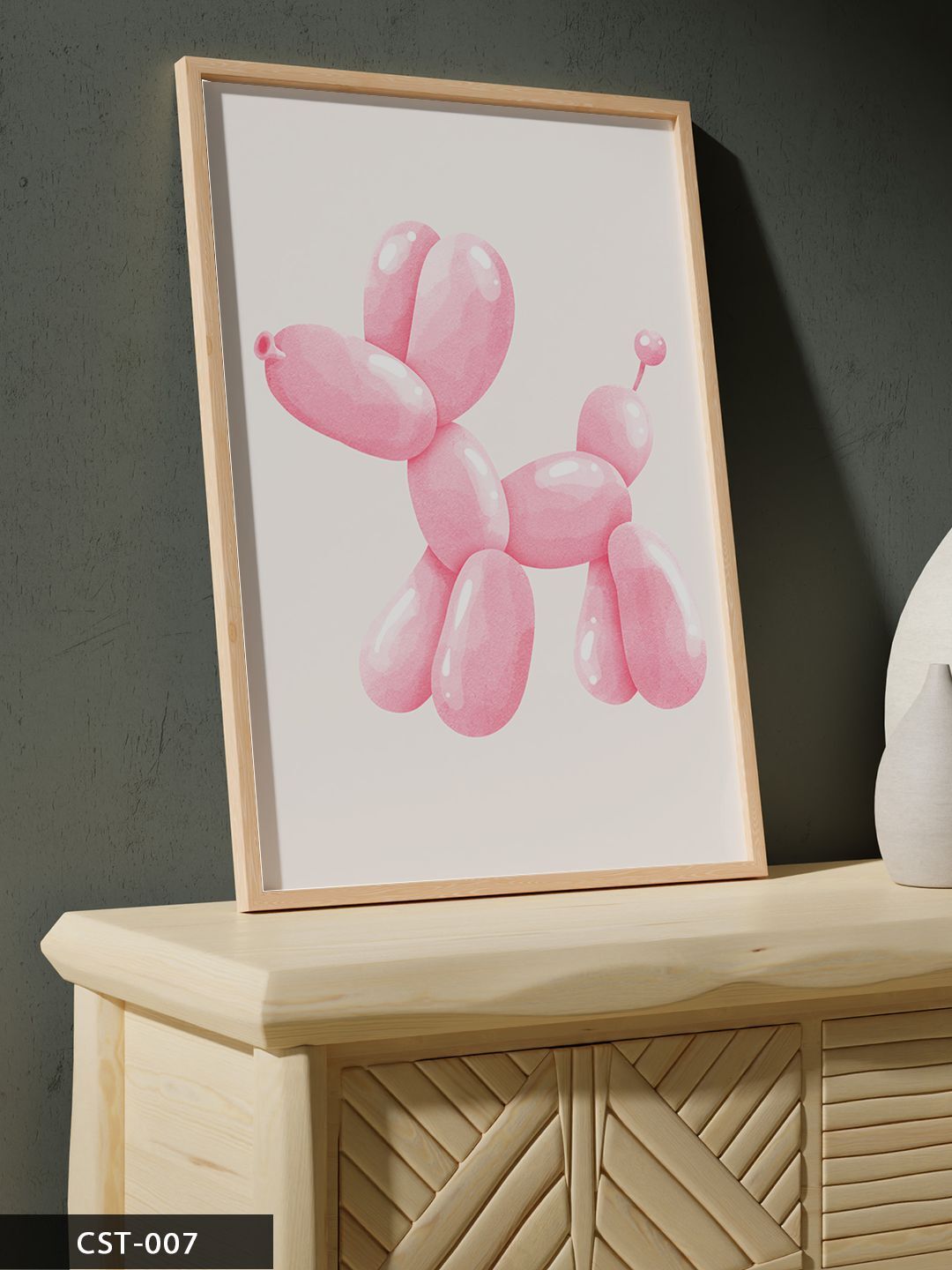 Pembe Balon köpek Tek Parça Ahşap Çerçeveli Tablo Naturel - 50 x 70 CM