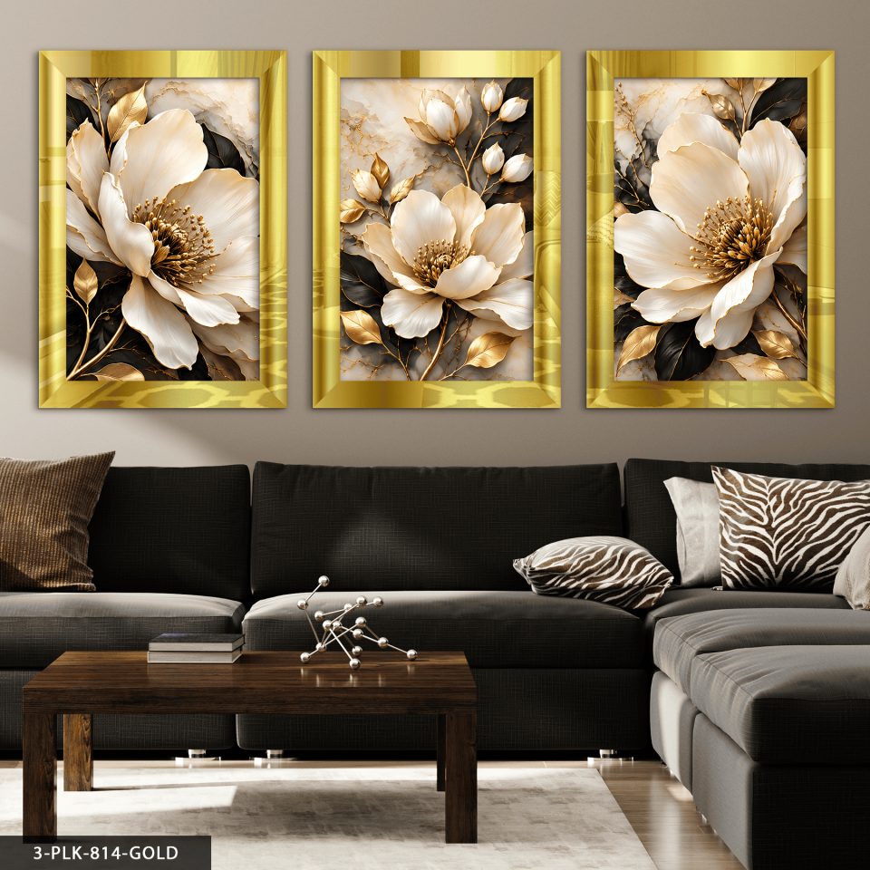 Seramik Zeminde Beyaz Çiçek 3 Parça Pleksi Aynalı Tablo 30 x 40 CM - Gold