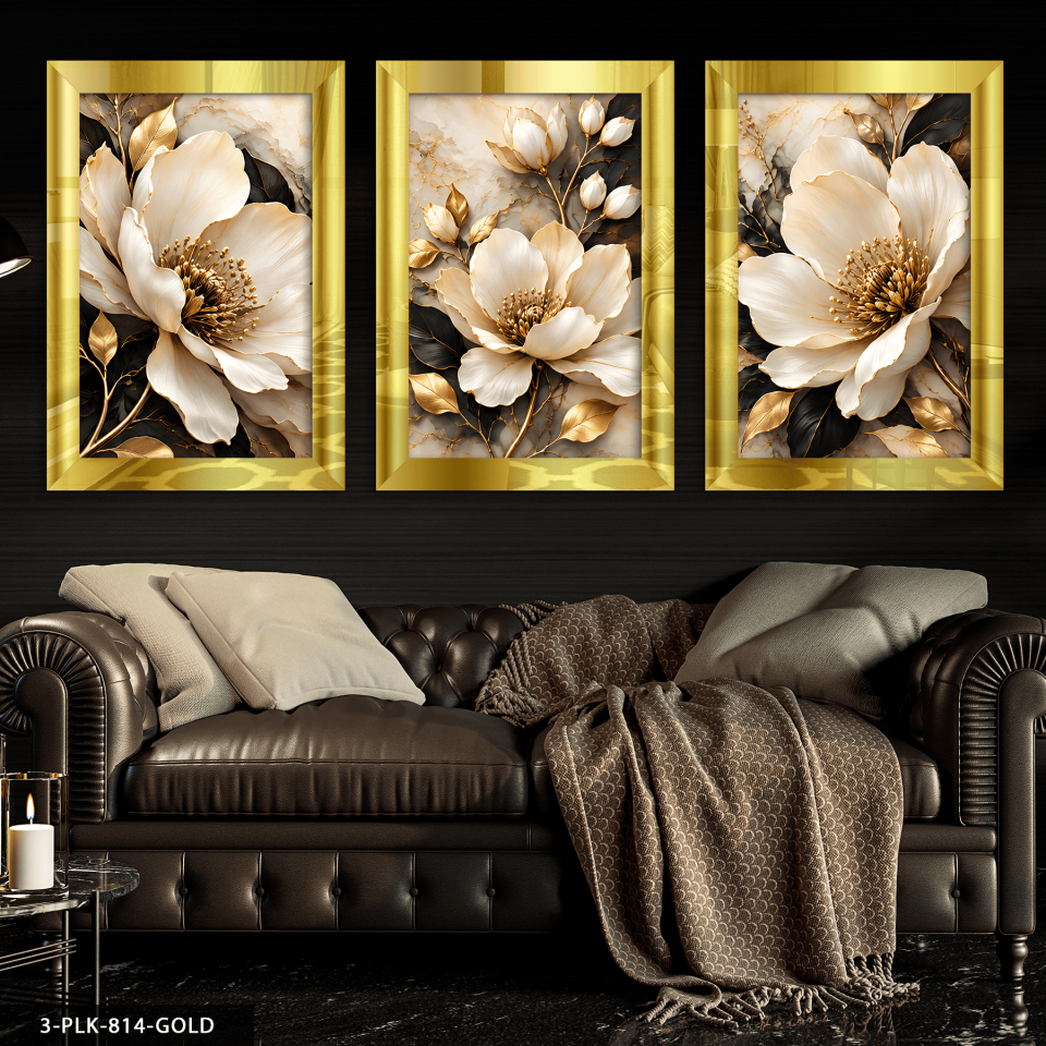 Seramik Zeminde Beyaz Çiçek 3 Parça Pleksi Aynalı Tablo 40 x 60 CM - Gold