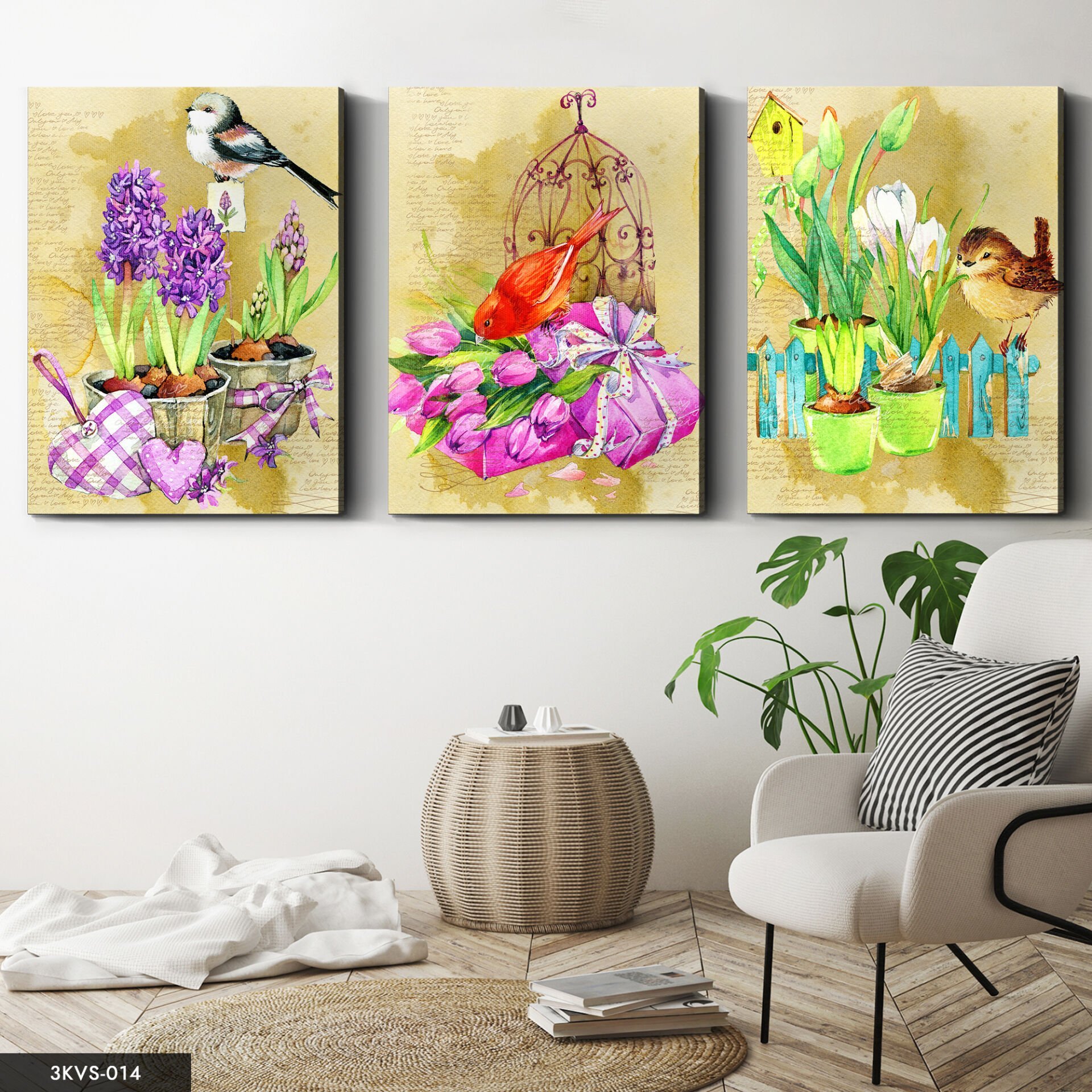 Kuşlar Çiçekler 3 Parça Kanvas - Canvas Tablo