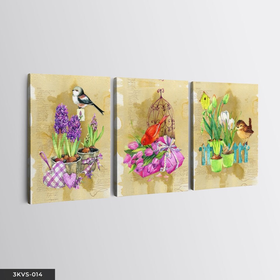 Kuşlar Çiçekler 3 Parça Kanvas - Canvas Tablo 45 x 65 CM