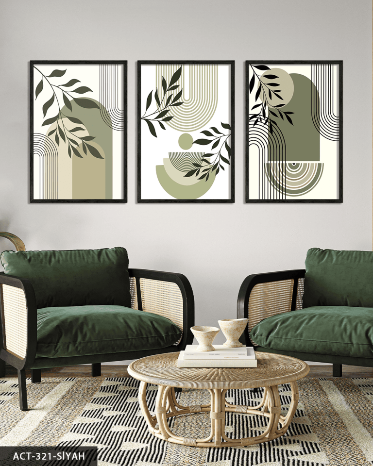 Minimalist Boho Tarzı Bitkiler 3 Parça Ahşap Çerçeveli Tablo ACT Siyah - 50 x 70 CM