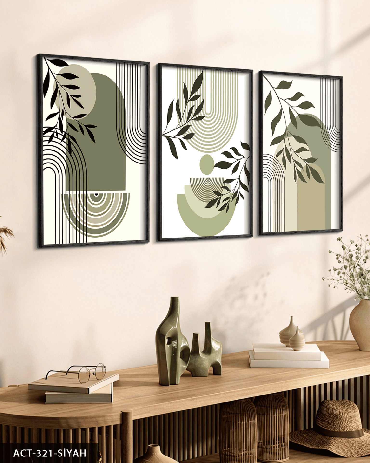 Minimalist Boho Tarzı Bitkiler 3 Parça Ahşap Çerçeveli Tablo ACT Siyah - 50 x 70 CM